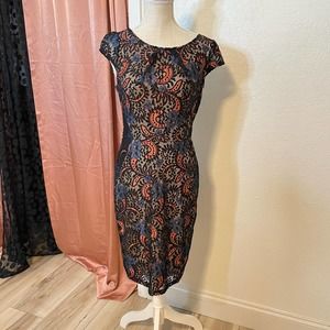 Ella Blue Orange & Black Floral & Paisley V-Back Lace Dress Size Large